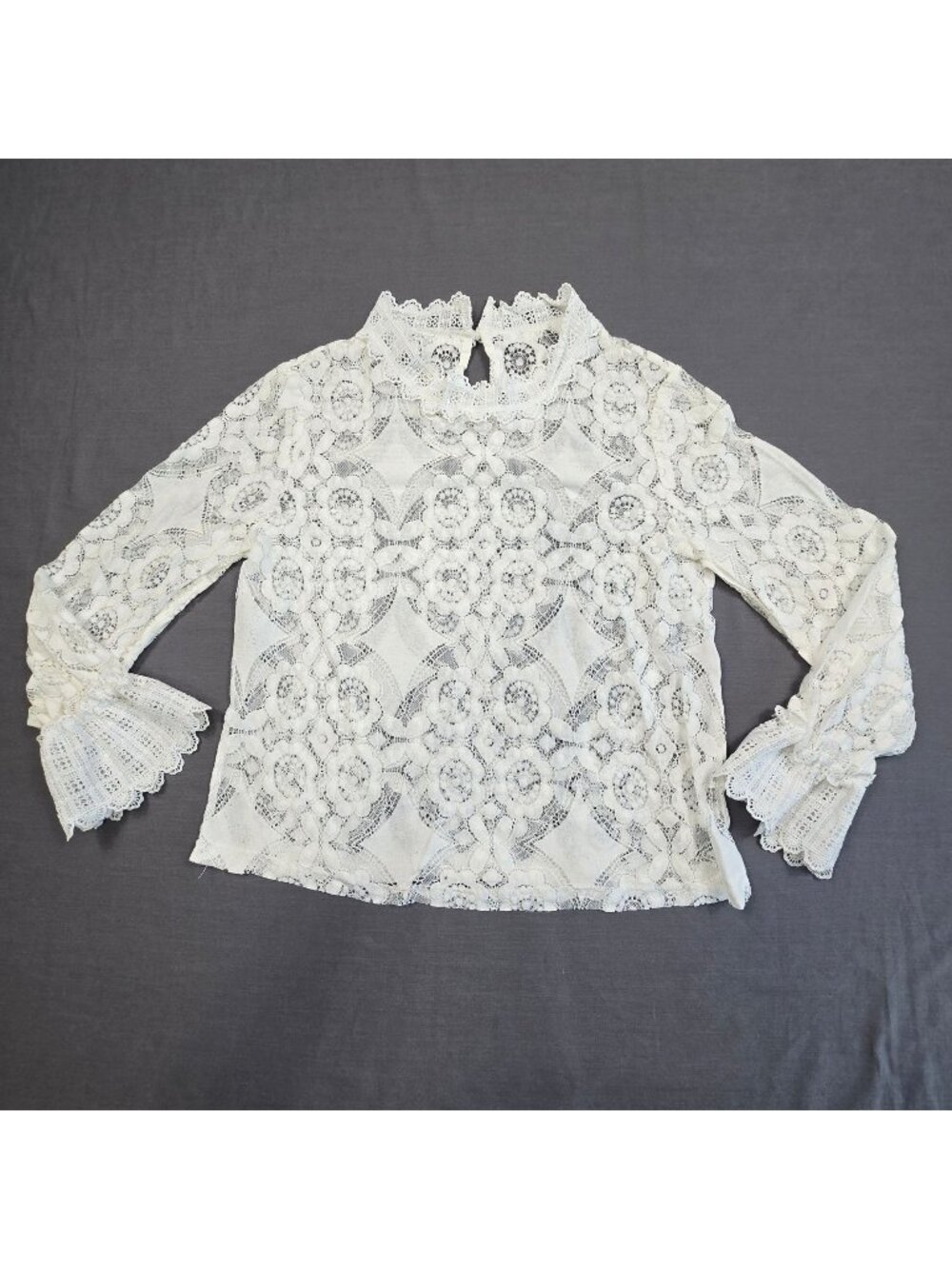 White Lace Long Sleeve Blouse S Romantic Floral Sheer Victorian Ruffle Wrists